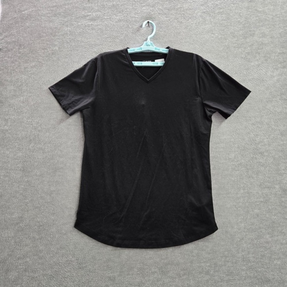 CUTS Men Shirt Large Black Curve Hem V Neck Short Sleeve Pullover Tee Cotton
